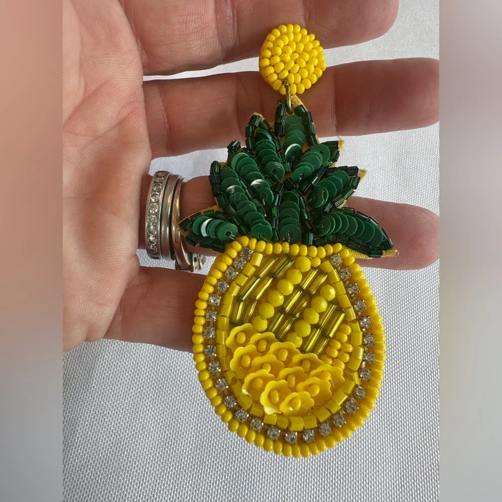Yellow and Green Beaded Crystal Sequin Pineapple Earrings